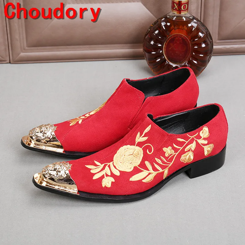 

Choudory red black spiked loafers gold toe dress shoes men embroidery leather handmade shoes italy wedding shoes plus size