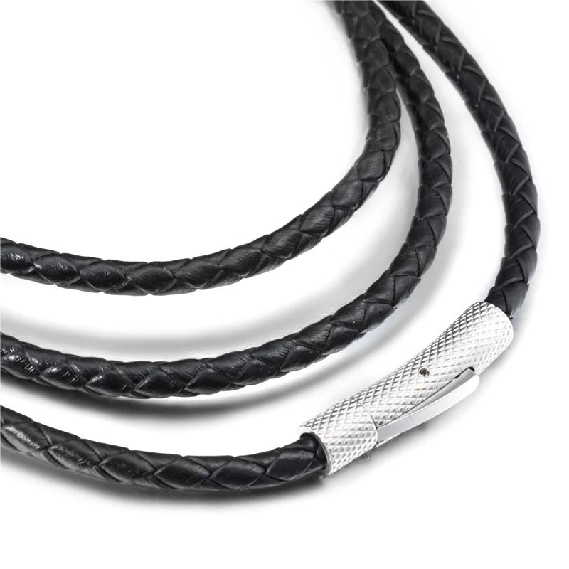 3/4/5mm Black Leather Necklaces for Men Women Cord Silver Stainless Steel Magnetic Clasp Braided Genuine Choker