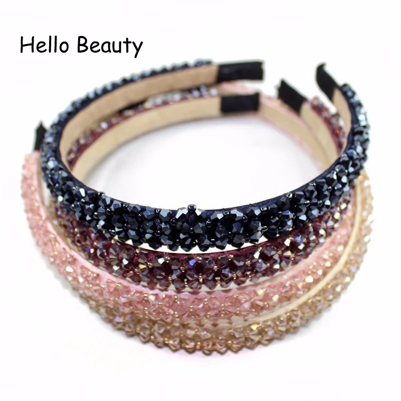 Shiny Pink Black Full Crystal And Beads Headbands Luxury Hair Jewelry Handmade Rhinestone Hairbands For Women Girls