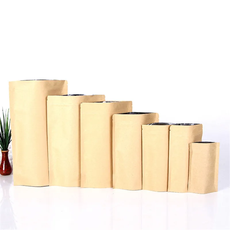 500Pcs/Lot Zipper Brown Kraft aluminizing pouch,Stand up kraft paper aluminium foil bag Resealable Grip seal Food Grade