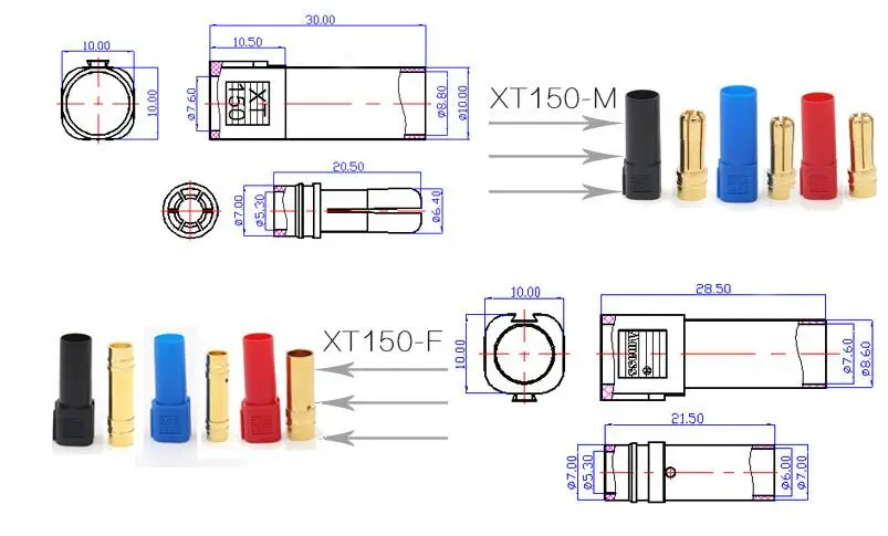 3 Paar AMASS XT150 Steckeradapter 6 mm Stecker/Buchse Hochleistungsverstärker für RC LiPo-Batterie – Detail 4