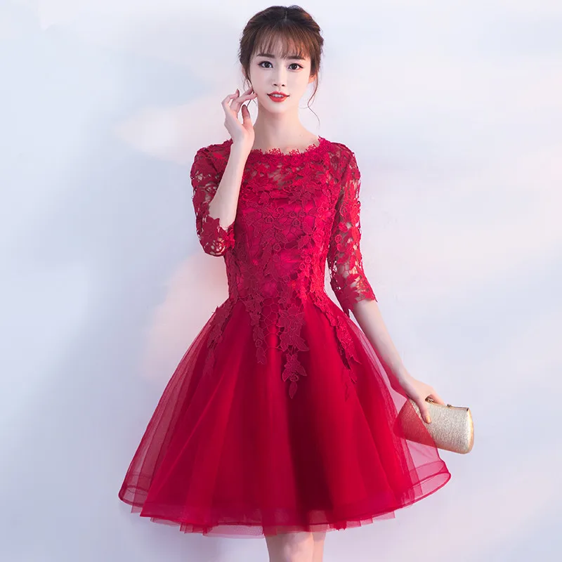 Robe de Soiree ไวน์สีแดงลูกไม้ O-Neck ครึ่งแขน Tulle ชุดราตรี A-Line vestido de Festa ชุดพรหมวันเกิด PARTY ชุด