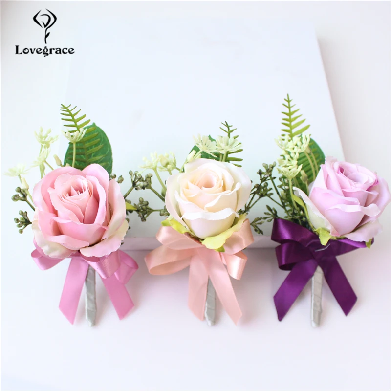 Lovegrace Merah Pria Terbaik Korsase untuk Pengantin Pria Pengiring Pria Sutra Rose Bunga Pernikahan Perapi Boutonnieres Aksesoris Pin Bros Dekorasi