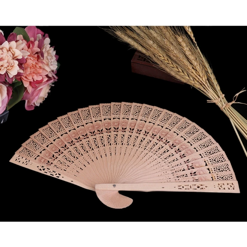 

Chinese Vintage Wooden Bamboo Folding Flower Hand Fan Wedding Party Summer Favor