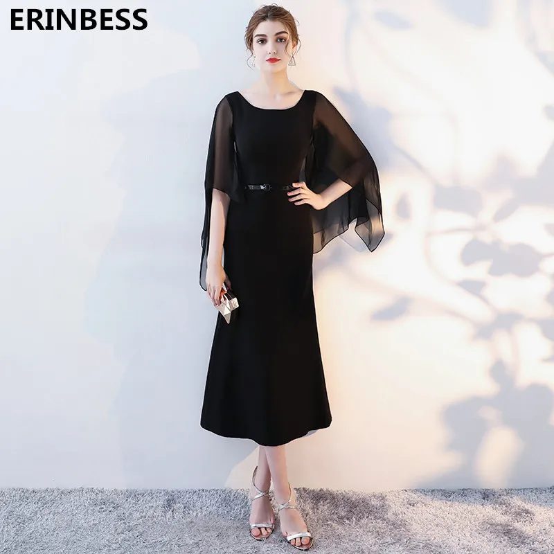 

Vestido De Festa Evening Dresses Scoop Neck Black Tea-Length Half Sleeve Party Gowns Evening Dress Elegant Robe De Soiree 2019