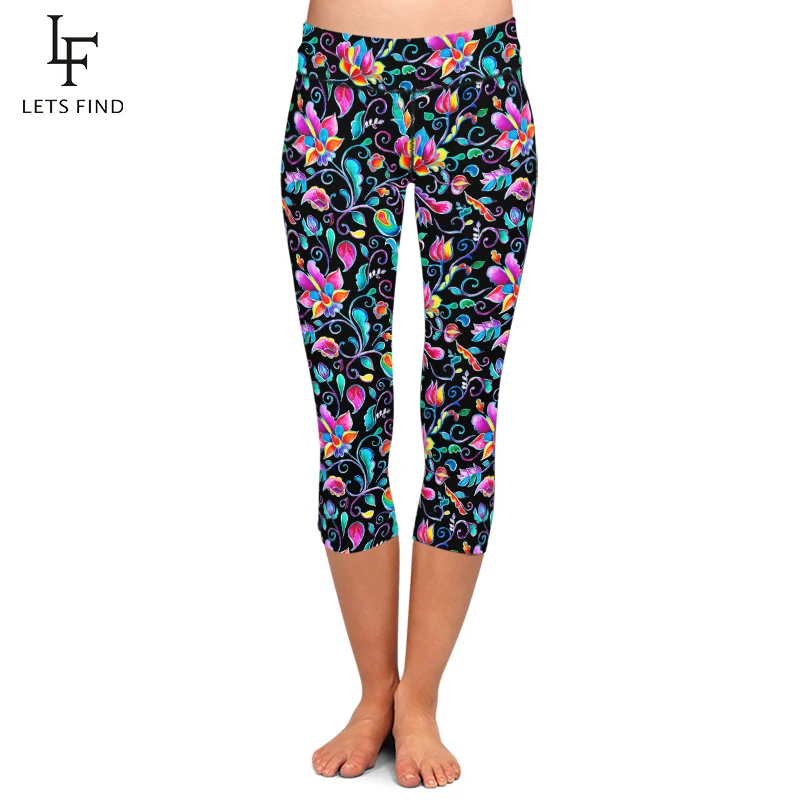 LETSFIND Summer New Women Black Capri Leggings High Elastic Milk Silk Flowers Print High Waist Fitness Casual Mid-Calf Leggings