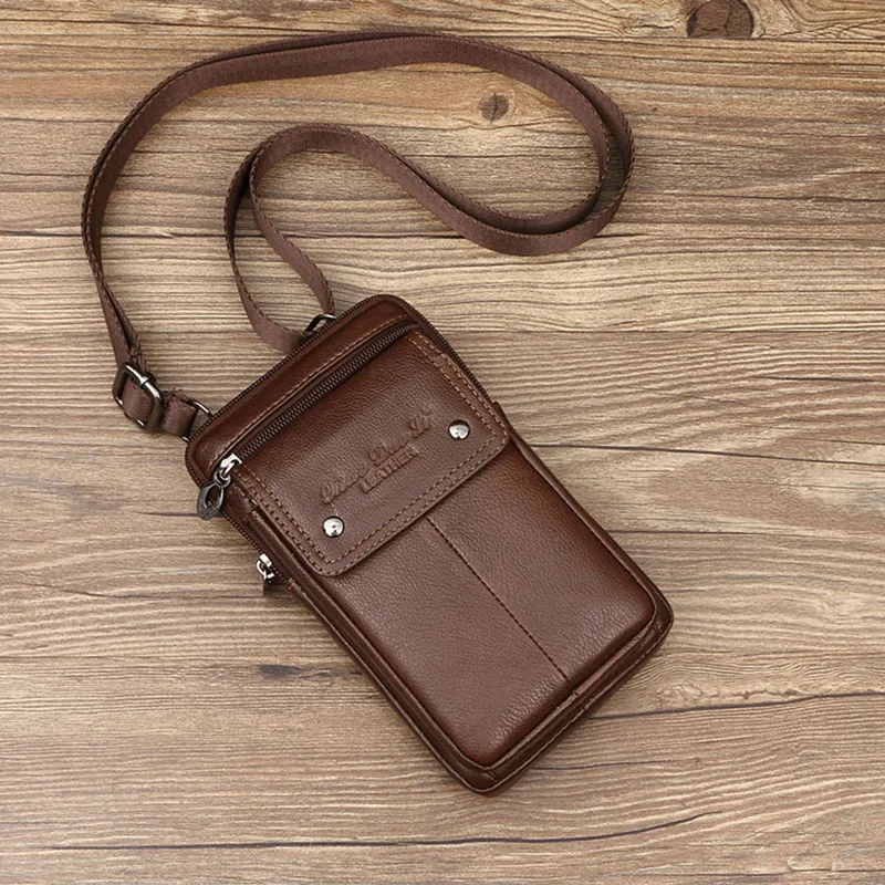 Genuine Leather Men\'s Shoulder Bags Small Square High Quality Multi-Function Messenger Bag Retro Business Office Mobile Phone St