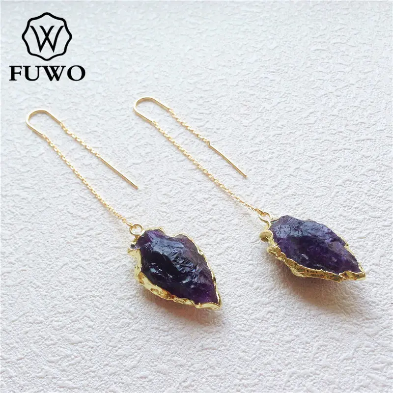 FUWO Wholesale Trendy Golden Amethysts Earrings Minimalist Design Arrowhead Threader Earrings For Women ER023