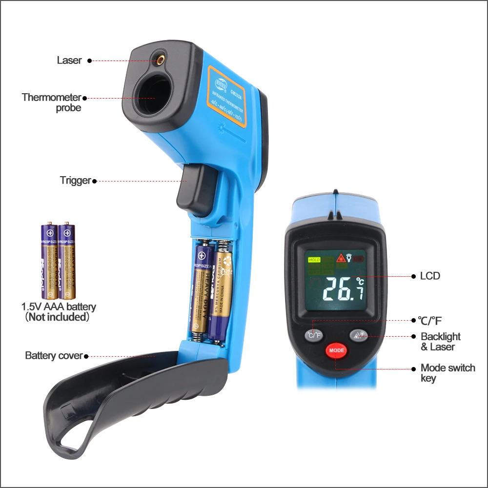BENETECH – thermomètre infrarouge sans Contact, écran HD couleur, capteur de température-50-400 ℃, Laser numérique portable