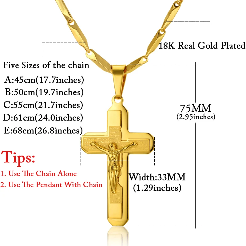 Religious Jesus Cross Necklace Pendant For Men Gold Color Stainless Steel Crucifix Necklaces Male Christian Jewelry Dropshipping