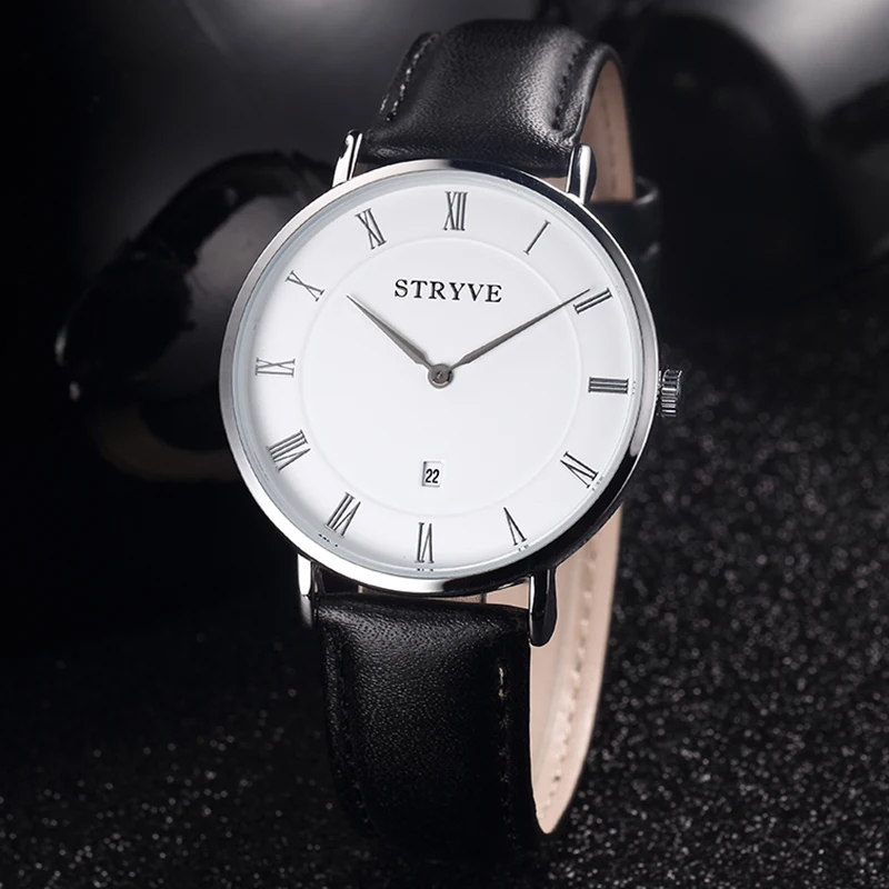 シンプルなデザイン男性ビジネス腕時計黒革のカレンダー防水 Stryve クォーツメンズファッションウォッチ Relojes Hombre