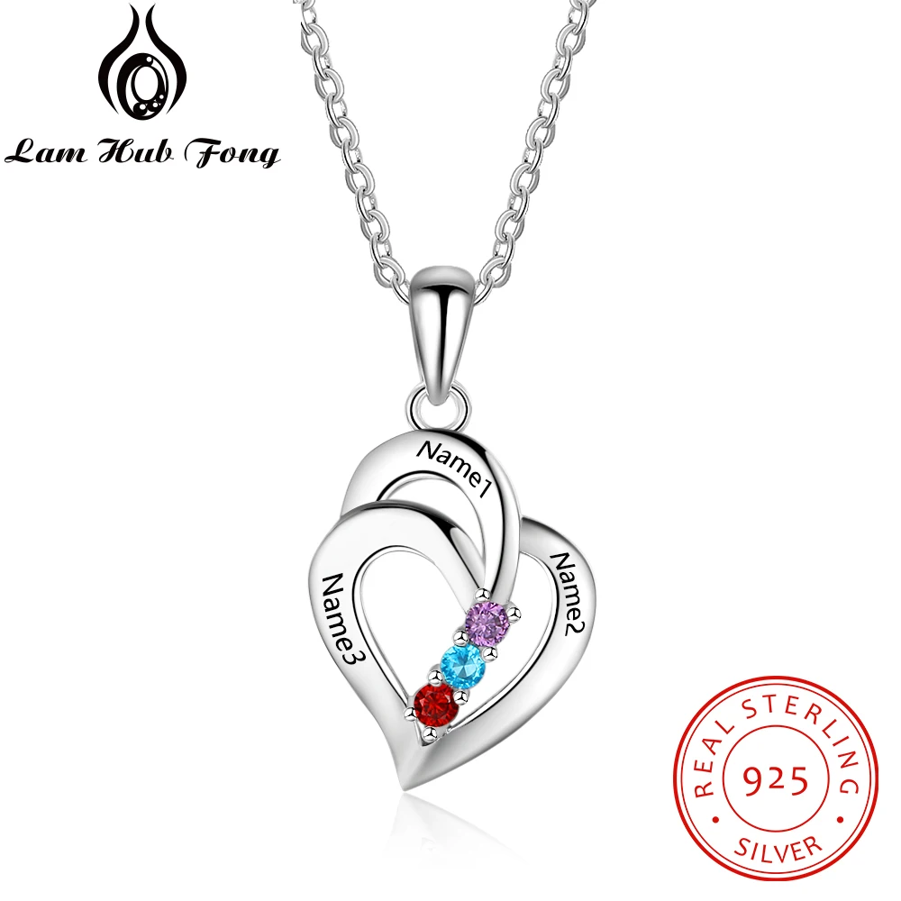 925 Sterling Silver Personalized Heart Pendant Necklaces Customized Birthstone Engraved Name Necklace Women Gift (Lam Hub Fong)