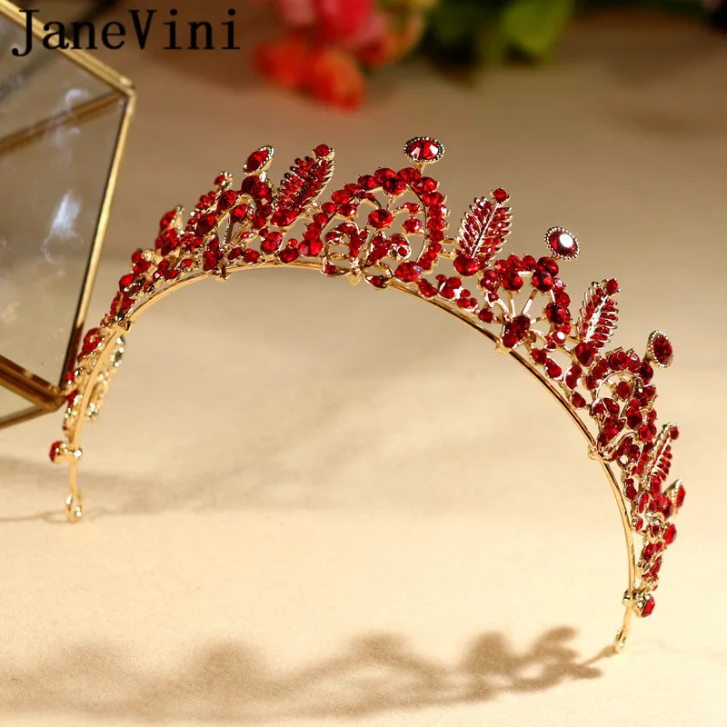 Janevini 2019 tiara de cabelo cristal brilhante, laço de coroa para casamento com strass vermelho metal dourado faixa de cabeça baile joias para cabelo