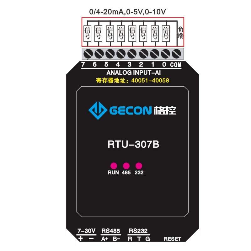 Module d'acquisition analogique RTU-307B 8AI RS485, convertisseur 0-20mA/4-20mA/0-10V MODBUS RS485 RS232