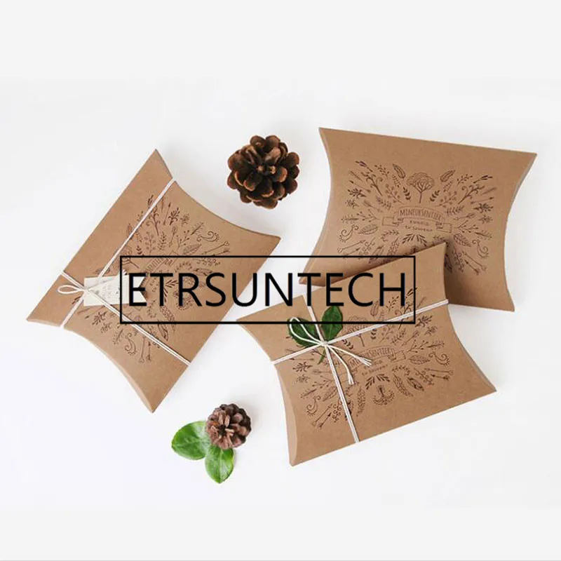 200pcs Vintage Kraft Paper Pillow Box Candy Scarf Package Box Wedding Party Favors And Gifts 18.5*13.5*3.5cm