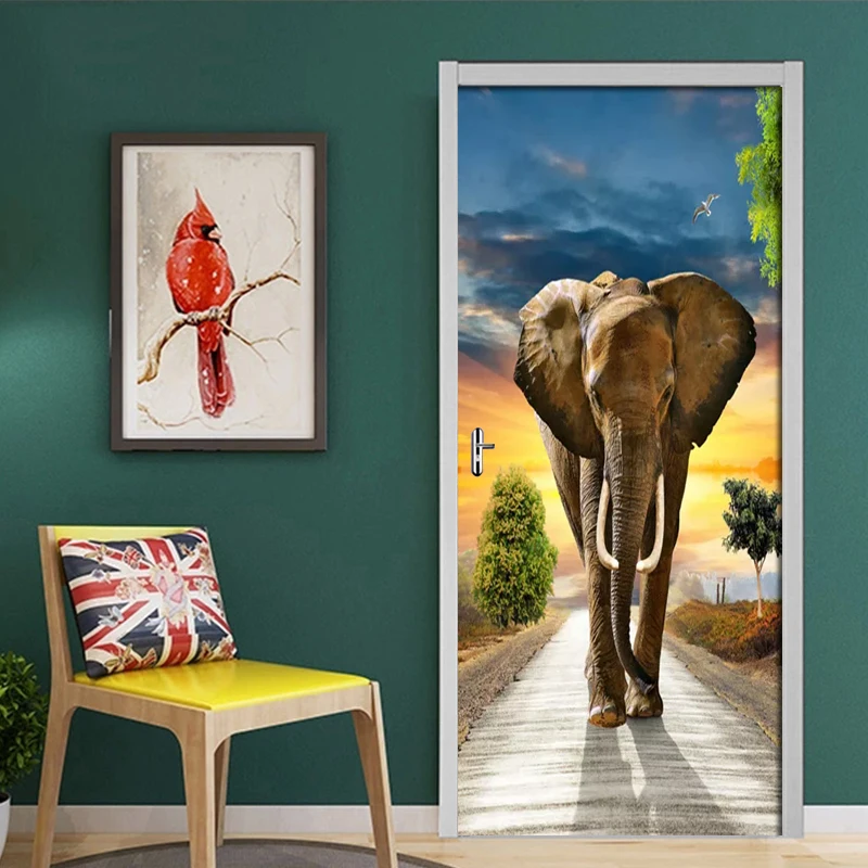 

Door Mural Christmas Decorative 3D Door Sticker Self Adhesive Elephant On The Road Wallpaper Poster Home Decor 3D Wall Stickers