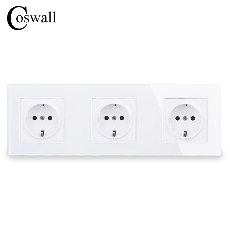 COSWALL Wall Tempered Glass Panel Triple EU Russia Spain Socket Grounded With Children Protective Door White Black Grey Gray