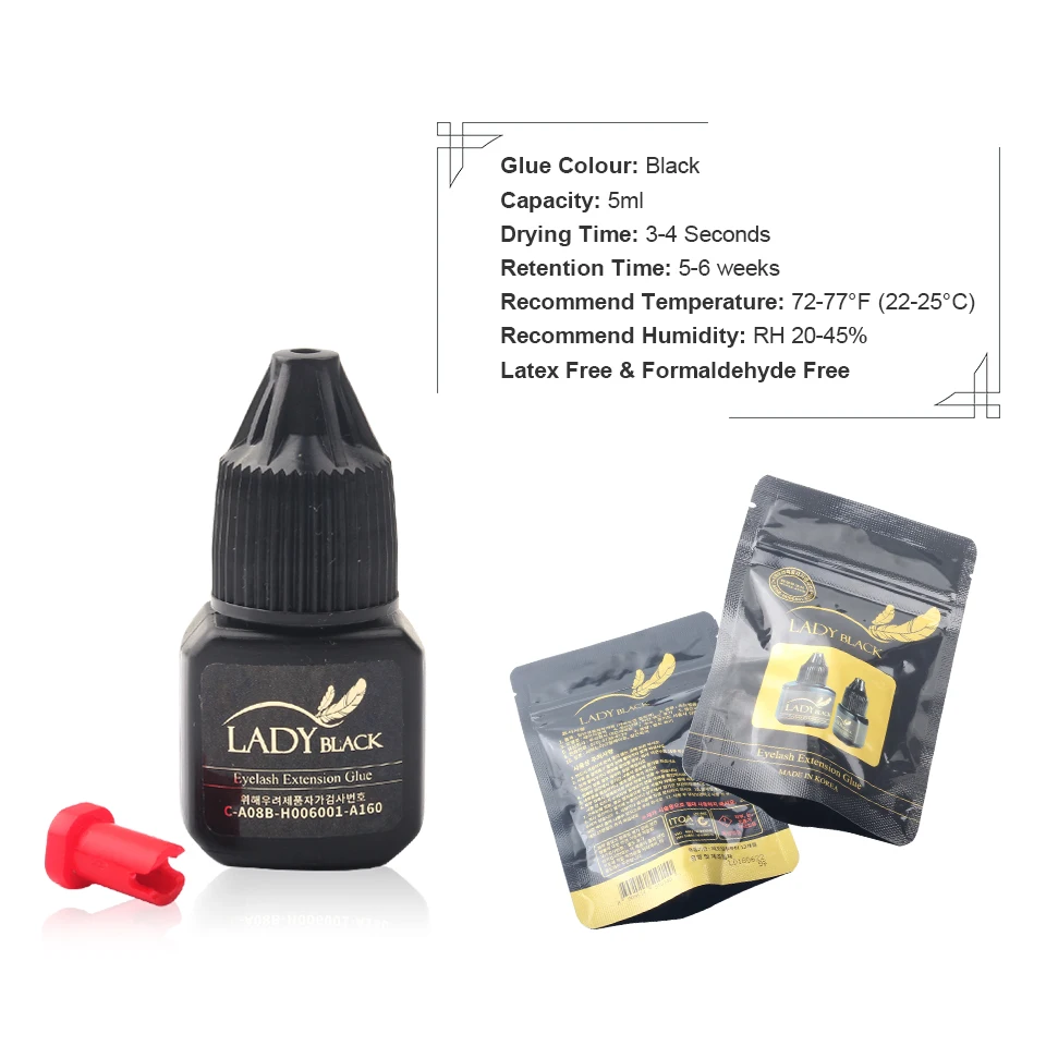 Lady Black Glue 3D Eyelash Extension 5ml/Bottle with Low Irritation 3-4S Fast Drying Time Fume Adhesive with Sealed Bag