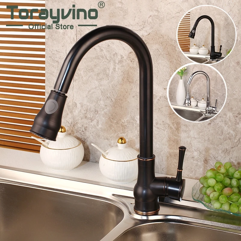 Torayvino Kitchen Faucets Silver & Black Single Handle Pull Out Kitchen Tap Single Hole Handle ORB Taps Swivel 360  Water Mixer