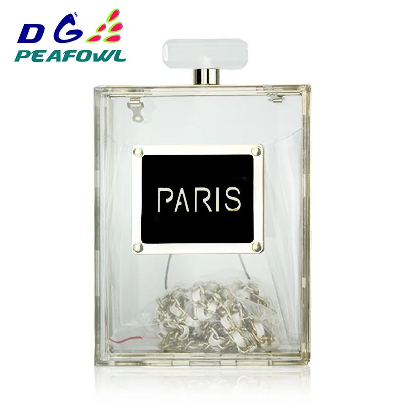 HOT Fashion Women Black Gold Acrylic Perfume Bottle Handbags Paris Letter Pattern Party Toiletry Wallet Wedding Evening Clutches