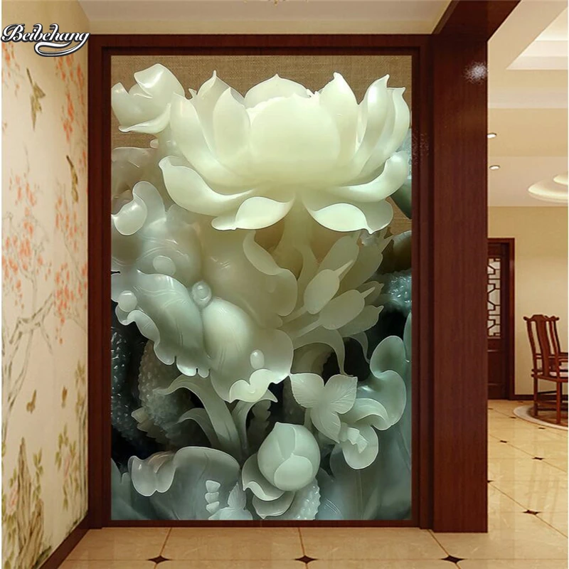 

beibehang 3D jade carving lotus mystery background wall zenith custom large fresco nonwovens wallpaper papel de parede