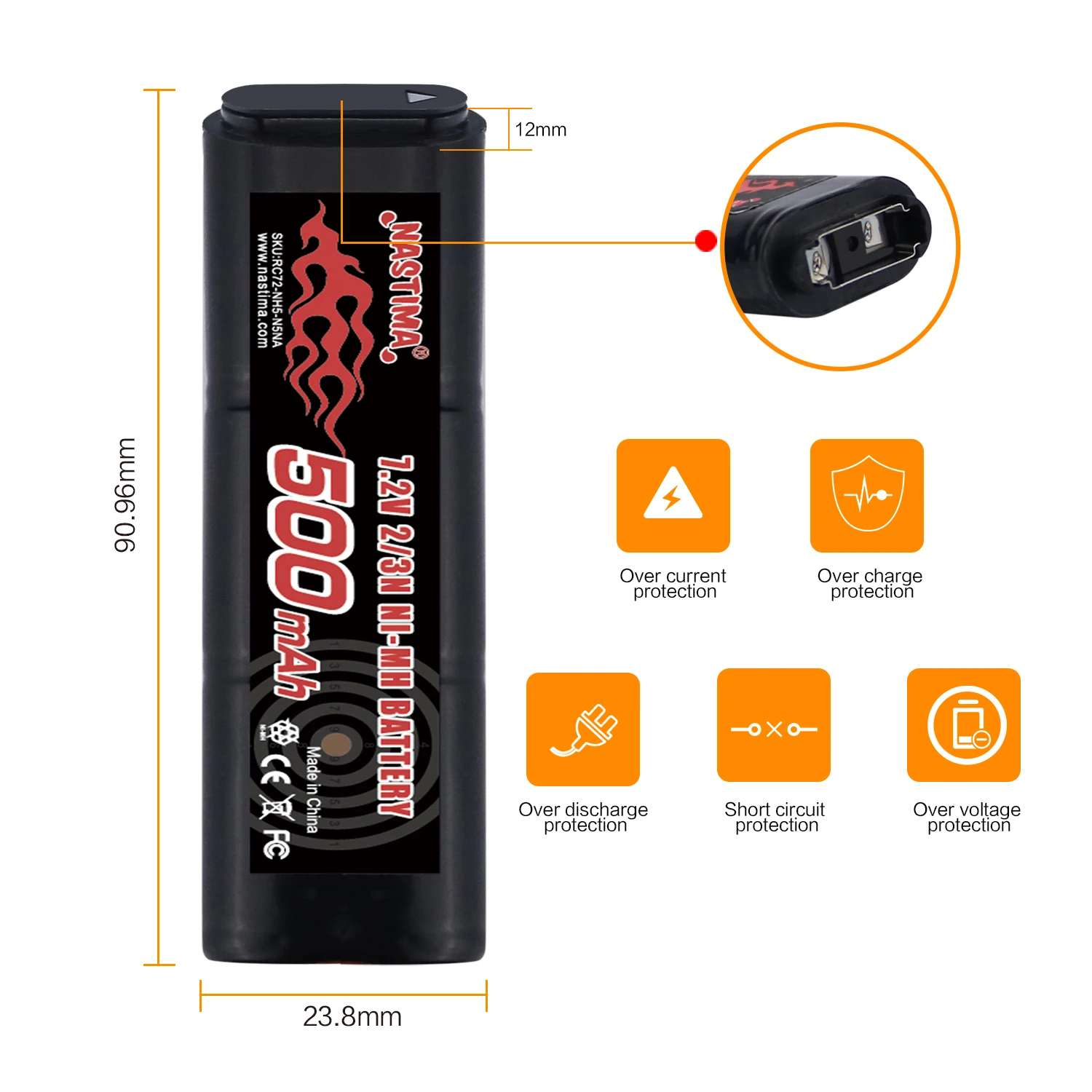 Nastima 6S 2/3N 7.2V 500mAh Ni-MH Battery for CM030 CM121, CM122, Marui 18C,P8, M93R AEP AEG M81, M84,& TM AEP Airsoft Guns Toys