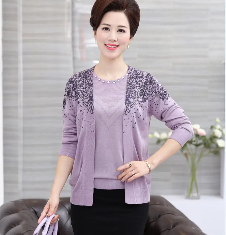 

Spring & Autumn Women Two Pieces Knitted Suits Elegant Mother O Neck Long Sleeve Sweater Cardigan Two Pieces Knitting Clothes