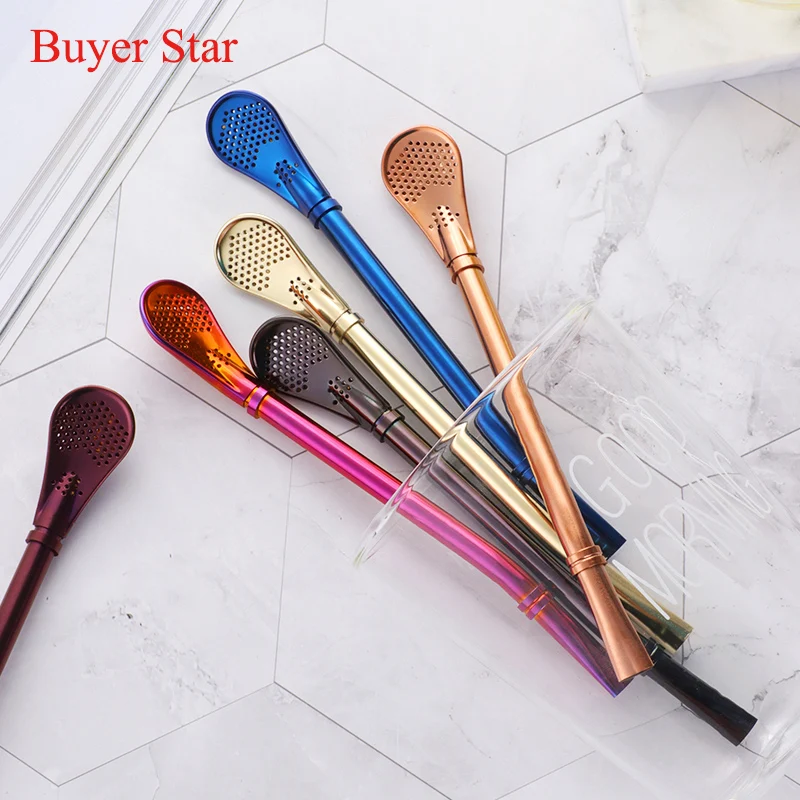 

100pcs Drinking stainless steel straw spoon 2 in 1 gold metal straws Juice cocktail Drinking Filtered straws for cafe Bar tools