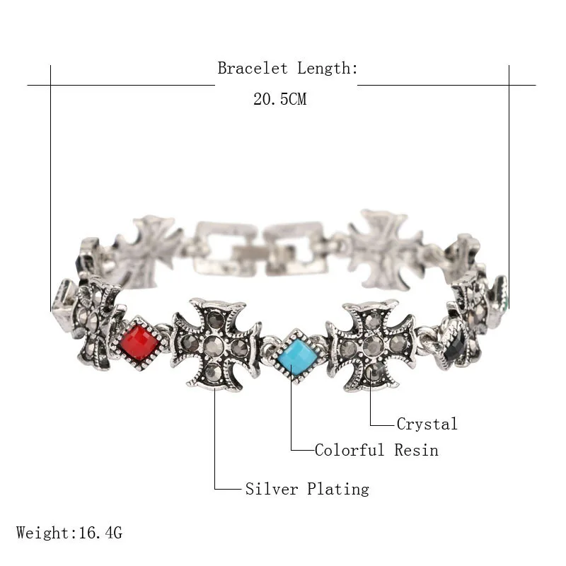 2018 Vintage Crystal Cross Bracelets For Women Bohemian Style Multicolor Resin Silver Color Charm Bracelet Religous Jewelry