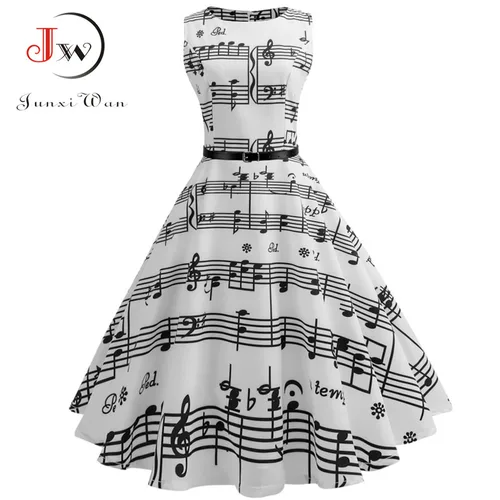Vestido con estampado de notas musicales de verano para mujer, bata Retro con vuelo, informal, Vintage, sin mangas, cuello redondo, Vestidos con vuelo