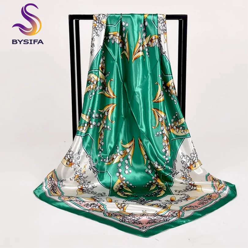 [BYSIFA] Silk Scarf Winter Women Green White Head Hijab Scarves Shawls New Floral Design Kerchief Bandana Satin Square Scarves