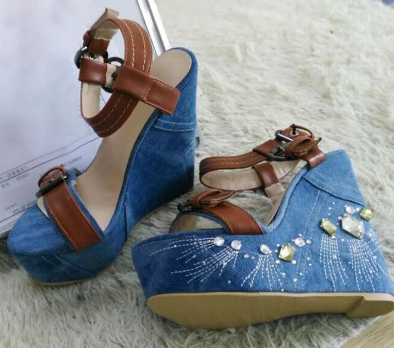 Summer Glitter Crystal Side Wedges High Heel Sandals Women Blue Denim Sandals Brown Leather Patched Buckles Ladies Shoes