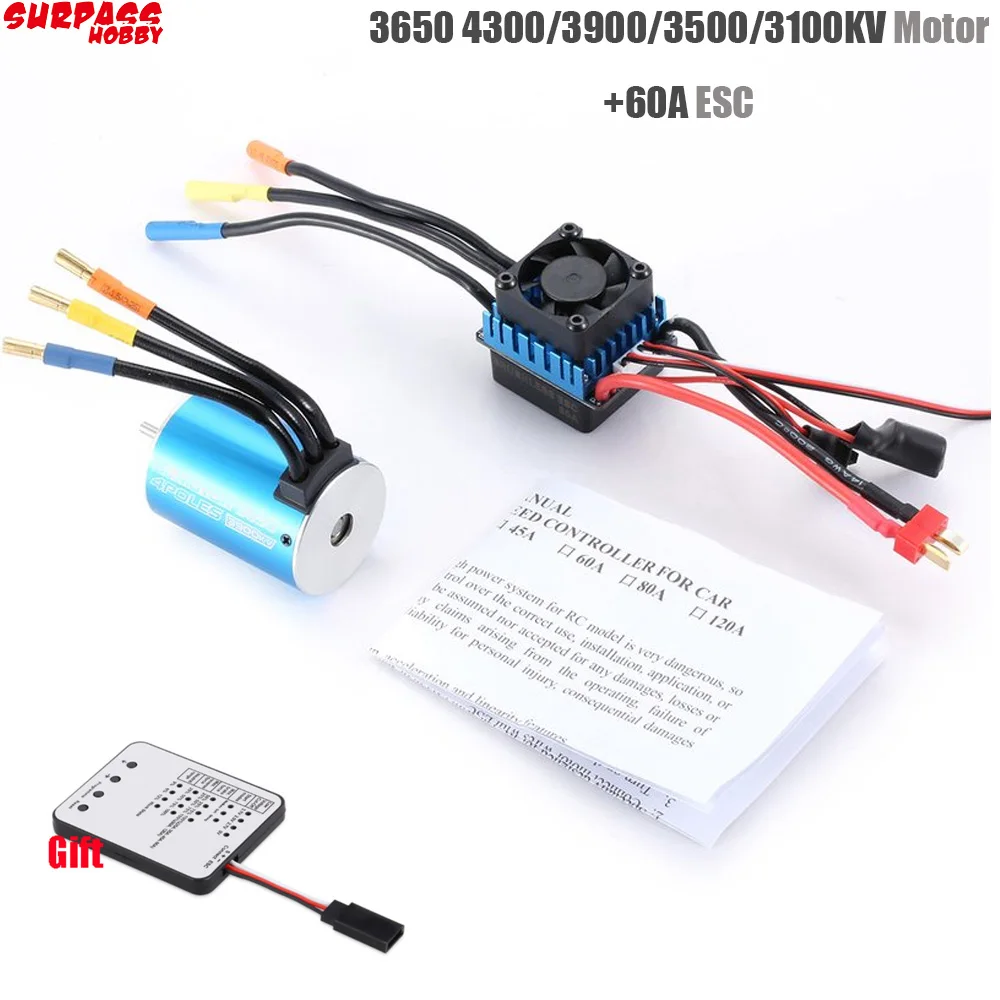 RC 3650 4300KV 3900KV 3500KV 3100KV Sensorless Brushless Motor with 60A Brushless ESC with LED Programming Card for 1/10 RC Car