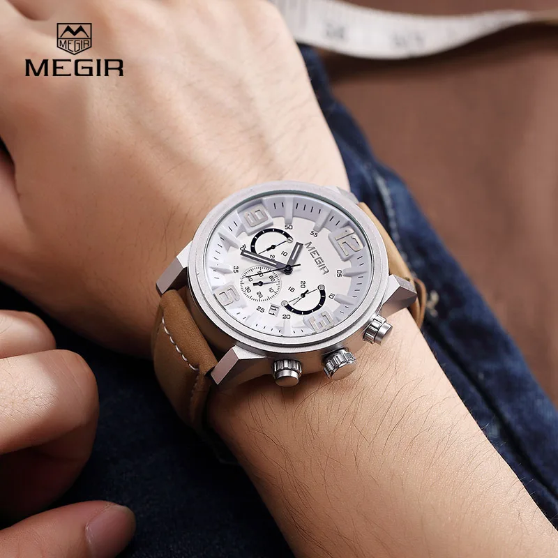 MEGIR new fashion casual quartz watch men large dial waterproof chronograph releather wrist watch relojes free shipping 3010