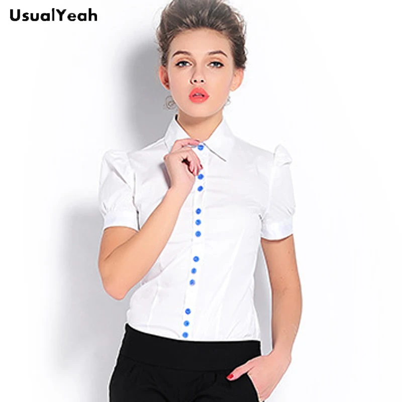 Usualyeah Baru Wanita Fashion Formal Lengan Pendek Tubuh Kemeja Warna Solid Blus Kemeja Blusas Feminina XXL Putih Biru SY0323