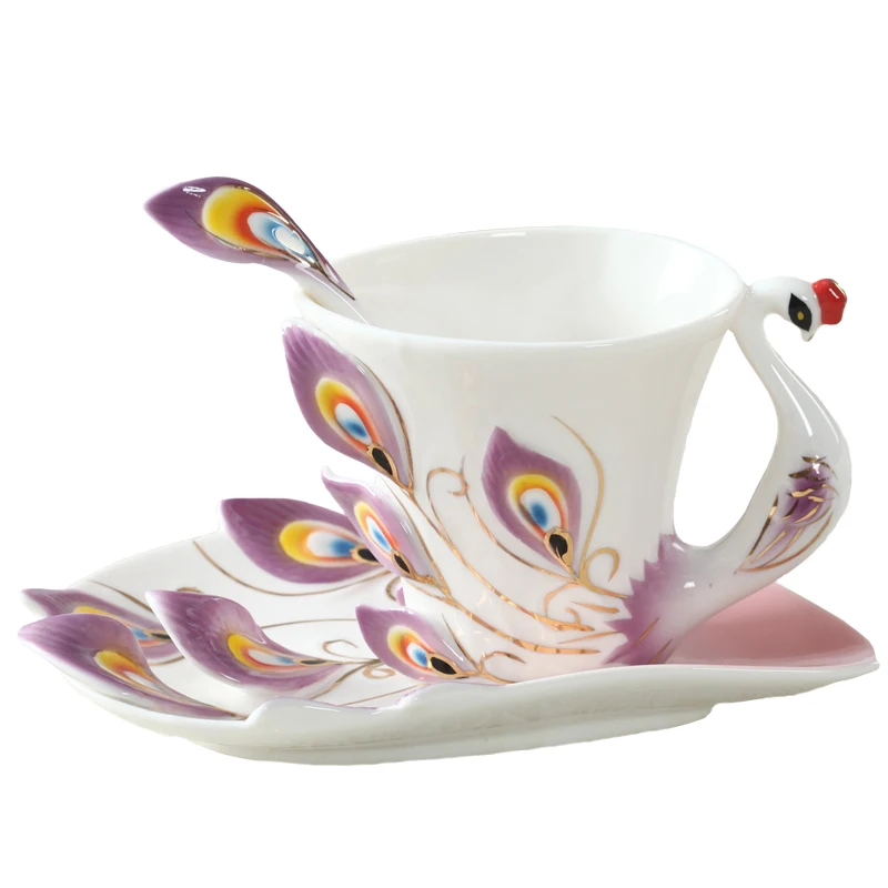 1 Pcs Peacock Coffee Cup Ceramic Creative Mugs Bone China 3D Color Enamel Porcelain Cup with Saucer and Spoon Coffee Tea Sets