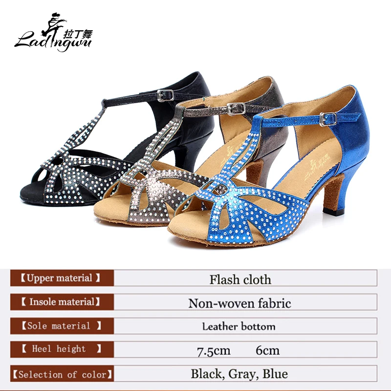 Rhinestone Flash Cloth Sandals Women's Party Square Dance Shoes Latin Salsa Dance Shoes Colors Black/Gray/Blue