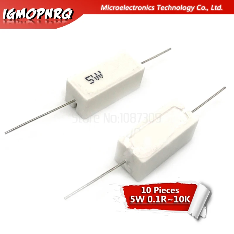 10pcs 5W Cement resistance 0.1 - 10k ohm 0.22 0.33 0.5 1 10 100 1K 10K ohm 0.1R 0.22R 0.33R 0.5R 1R 10R 100R 5% cement resistor