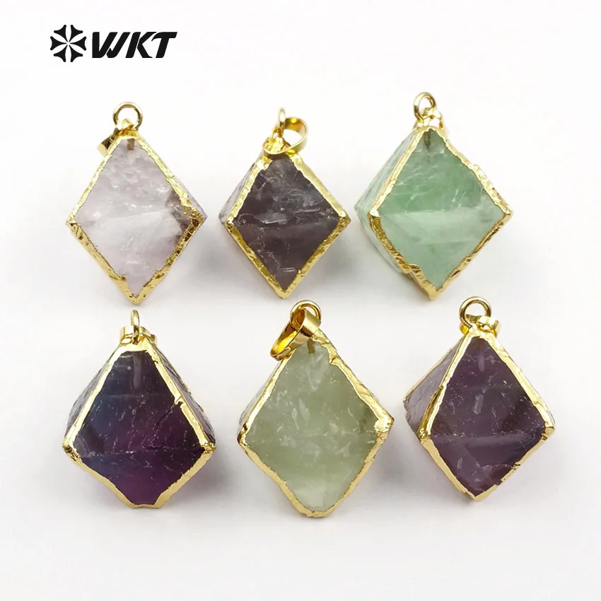 

WT-P130 Dice Shape Natural Color Rainbow Fluorite Pendant Beautiful Stone With Gold Trim For Women Dainty Jewelry