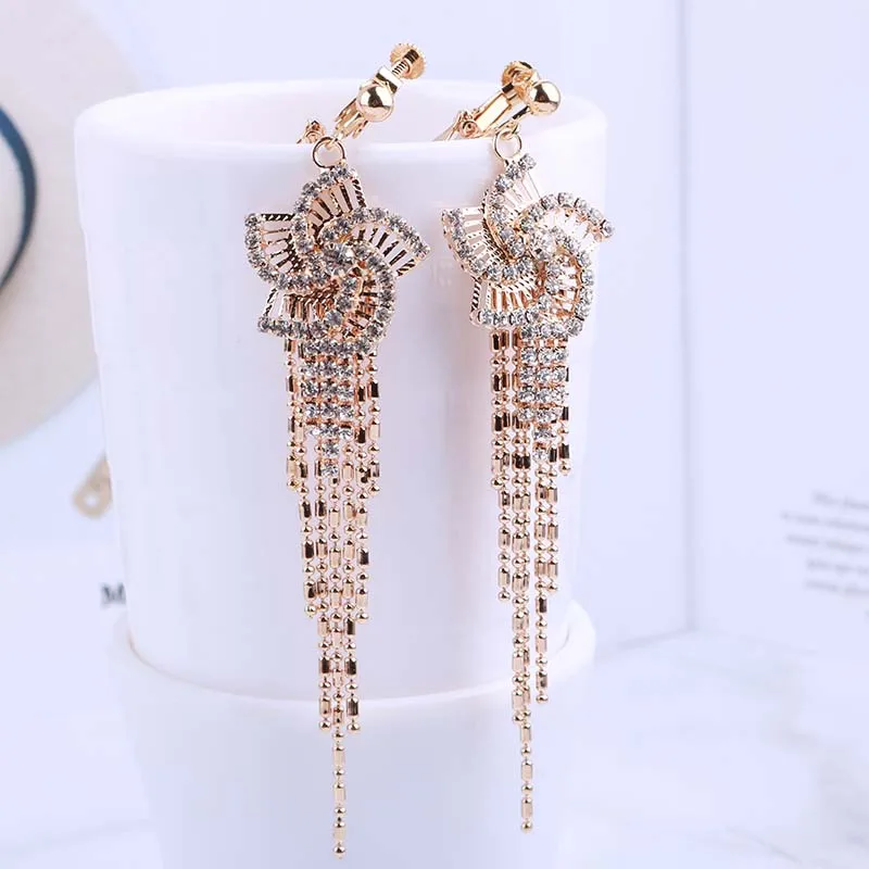 Gold Silver Hollow Flower Fringe Clip On Earrings No Pierced Rhinestone Dangle For Female Wedding Party Star Ear Clips Jewelry