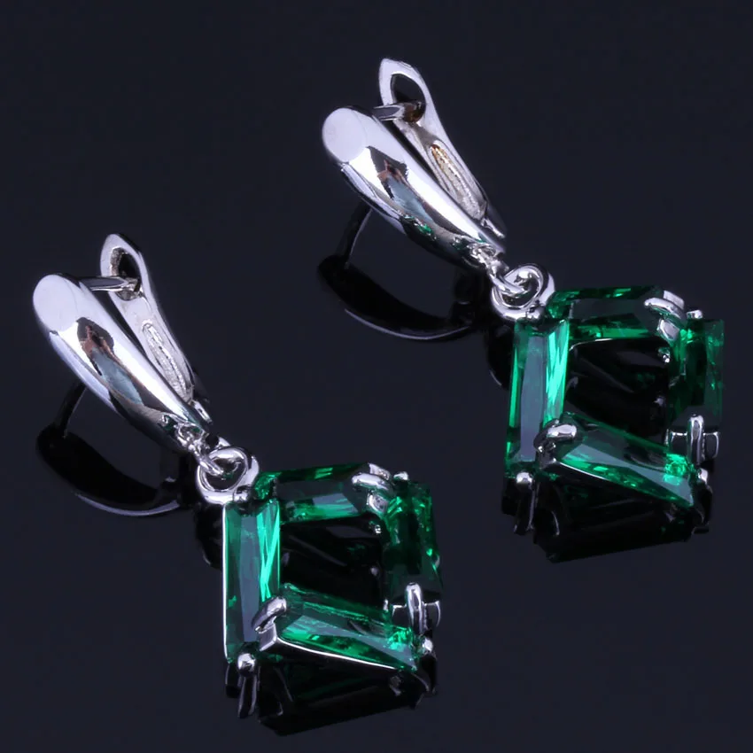Elegant Quadrilateral Green Cubic Zirconia Silver Plated Drop Dangle Earrings V1013