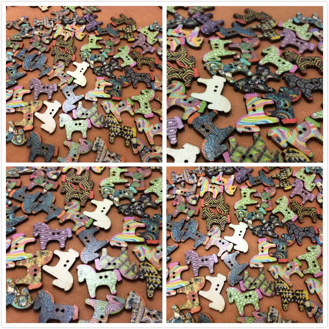 Sale!!! 2015 new 100pcs/sets 2 Holes Mixed Color horse Wooden Buttons Fit Sewing Craft Scrapbooking 25X28mm accessories