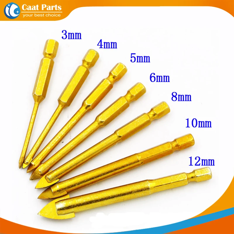 

Titanium Coated Glass Drill Bits Set "-"Type 3/4/5/6/8/10/12mm with Hex Shank for Ceramic Tile Marble Mirror Glass