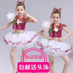 New Children Jazz Dance Dress Girls Red Sequins Princess Modern Dance Costumes For Kids Halloween Costume Performance Suit