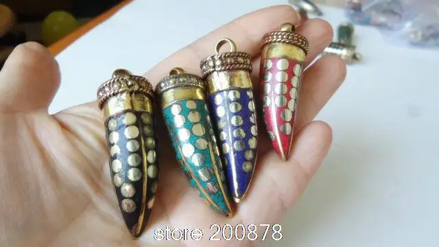 TBP645 Tibetan Brass Capped Stone Golden Fangs Amulet Pendants for Man Multi Colors