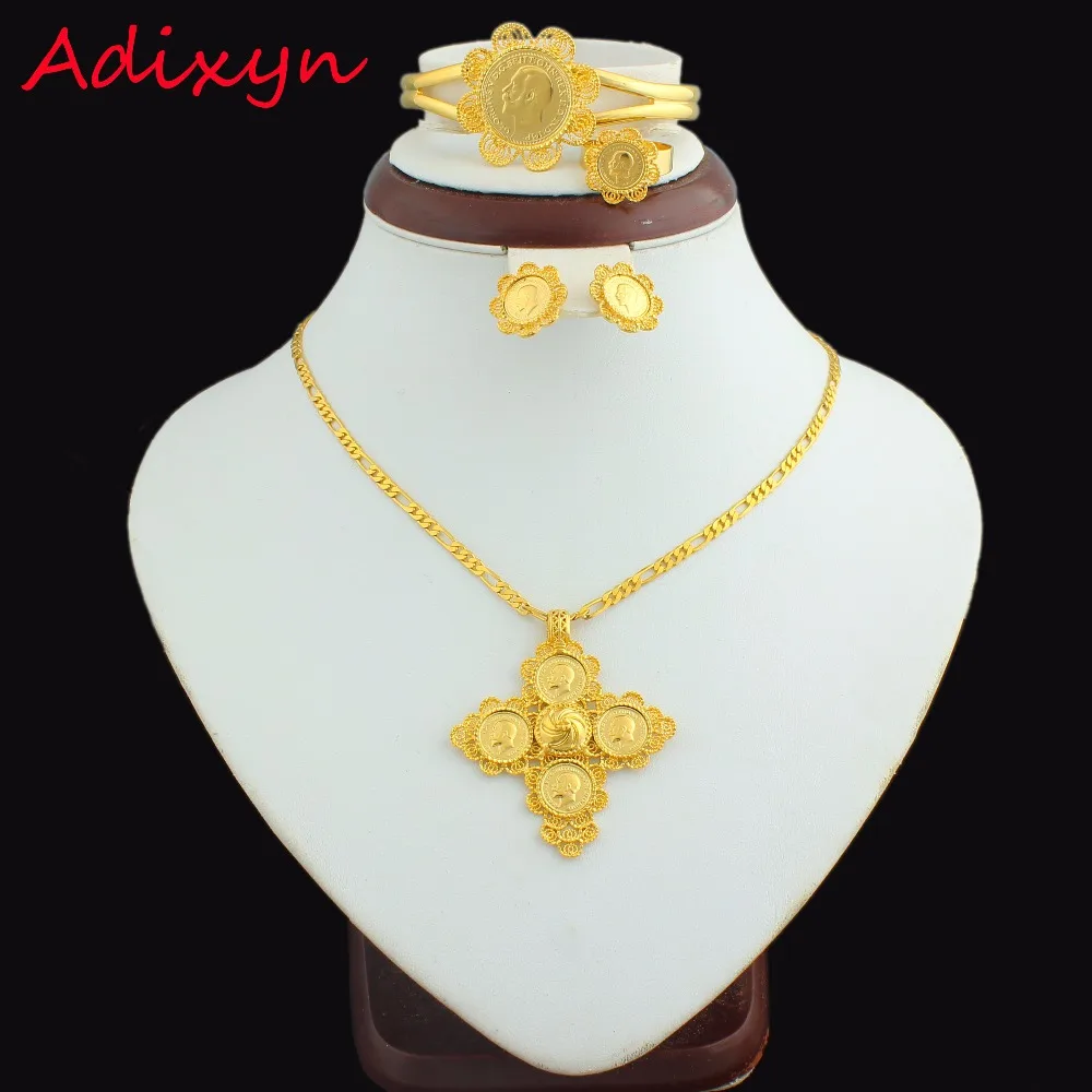 Nieuwste Ethiopische 5 stks Coin Cross Bruiloft Sieraden Sets 24 K Goud Kleur Bridal Romantische Habesha Sieraden voor Vrouwen Beste geschenken