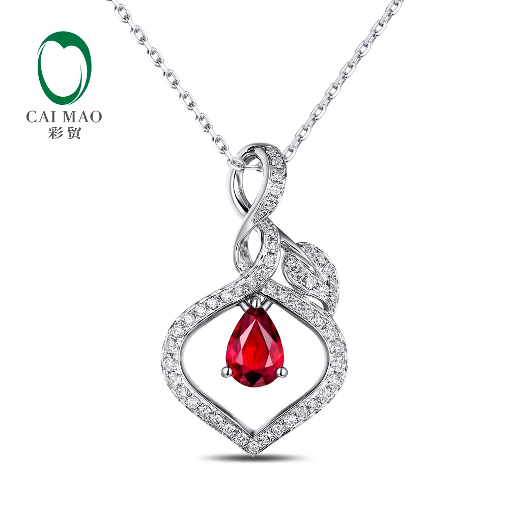 

CaiMao 14KT/585 White Gold 0.64ct Natural Red Ruby 0.24ct Round Cut Diamond Engagement Gemstone Pendant Jewelry