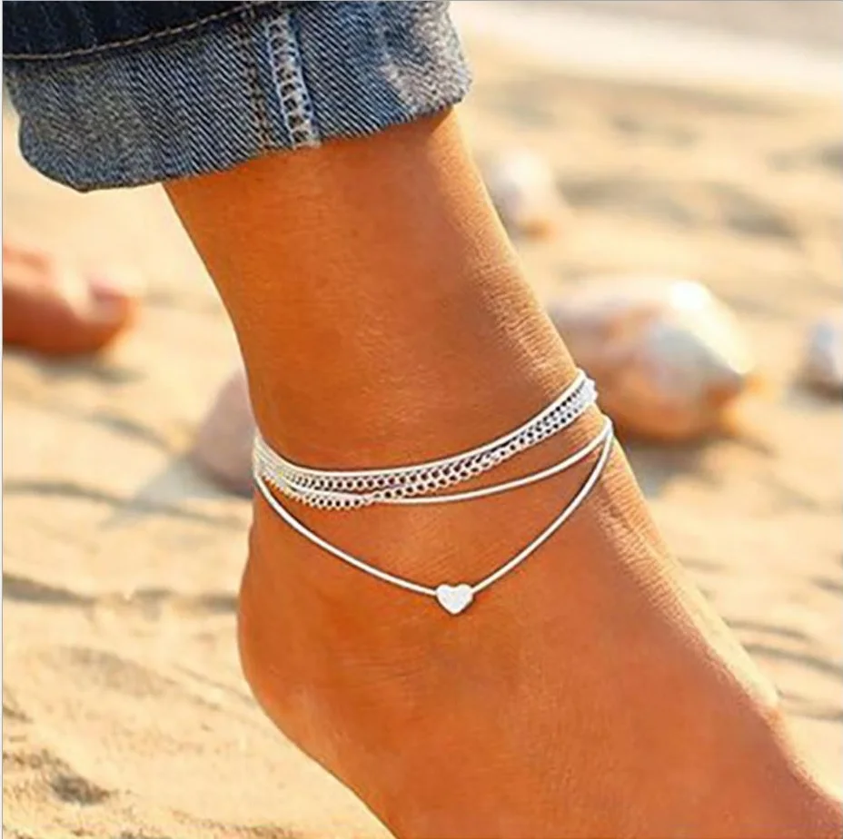 Anklet Set White String through Heart Square Cube Charm Plated metal Chain Women Gift Beach Custom