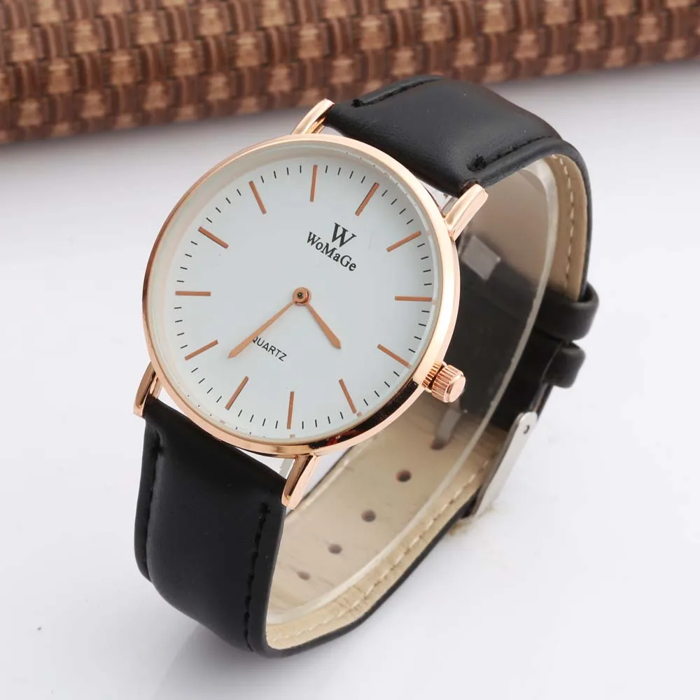 Womage Fashion Casual Watch Simple Style Gold Case Leather Strap Quartz Watch Women Men Hour Unisex Wristwatch Hot Sale Relojes