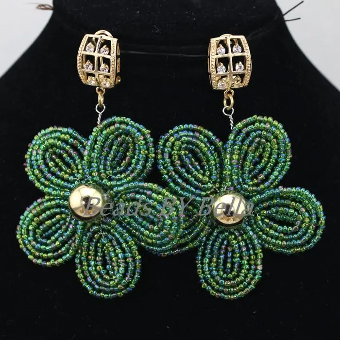 

Fashion Green Seed Beads Braid Flower Earrings For Brides African Beads Nigerian Party Earrings for Women Free Shipping ABD013